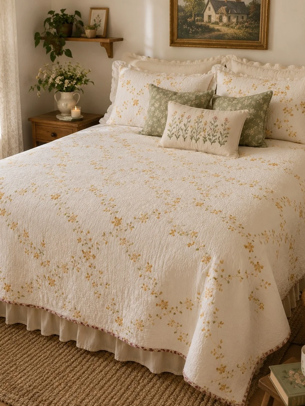 Vintage Cottagecore Yellow Floral Quilt Bedspread Queen Shabby Chic White Cream